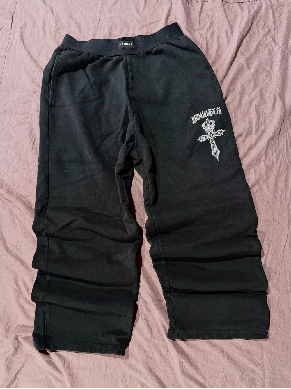 YoungLA Black Kids Sweatpants with White Cross Graphic